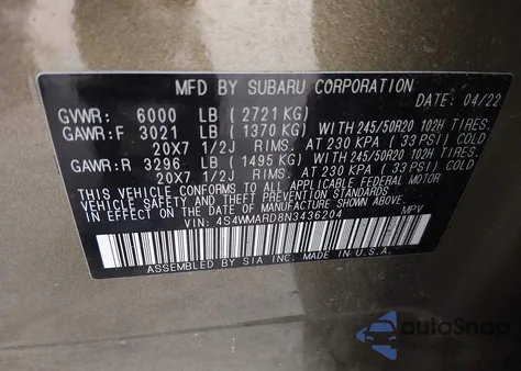 2022 Subaru Ascent Touring from USA, damaged, VIN 4S4WMARD8N3436204